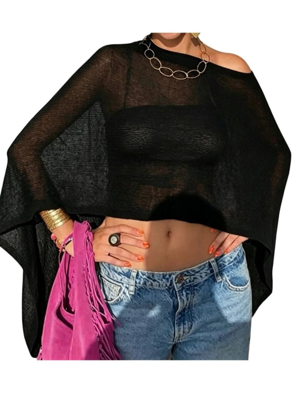 Womens Sheer Poncho Top Lightweight Knit Shrug Shawl Off The Shoulder Mesh